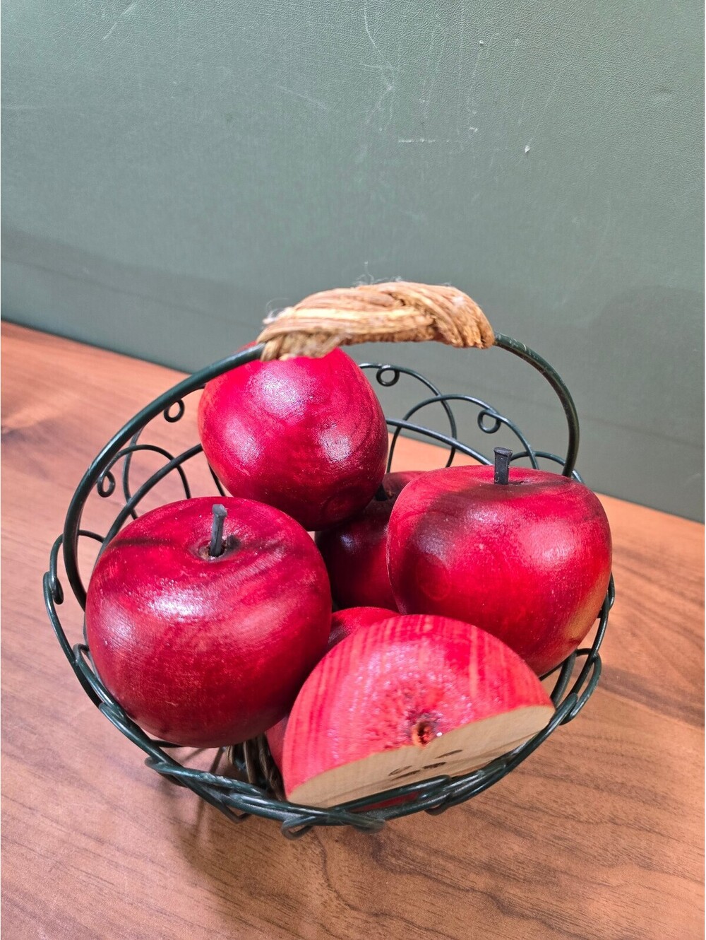 Vintage Faux Wooden Apples Set of 6 Wire Metal Gathering Egg Basket - Picture 2 of 5